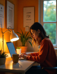 A cozy home office setup of an auto-entrepreneur focused on cotisations auto-entrepreneurs retraite, showcasing a Hispanic female with shoulder-length hair working on her laptop, surrounded by motivational posters and a coffee mug. The room is warmly lit with a desk lamp and has a view of a garden outside.